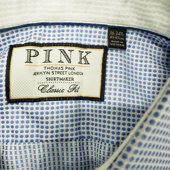 Thomas Pink MENS 16-34.5 Blue Button Up Shirt Long Sleeve Classic Fit Woven - Picture 4 of 14